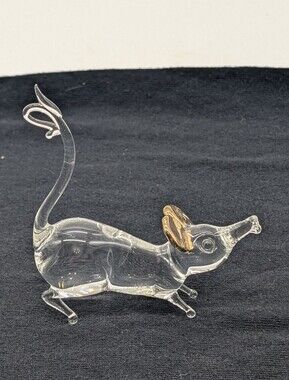 Vintage Hand Blown Glass Mouse Figurine Gold Gilded Ears Clear Art Glass